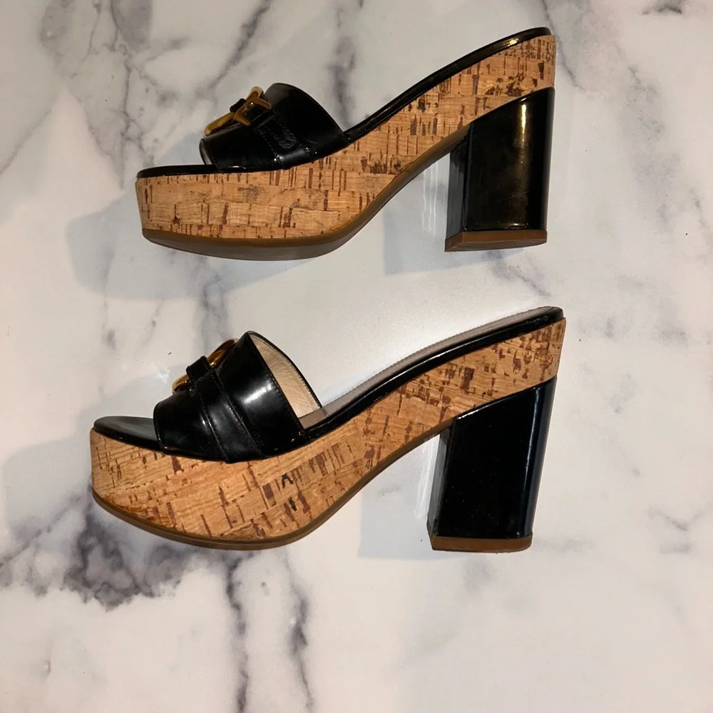 Prada Cork Platform Horsebit Patent Leather Slides 37 - Picture 1 of 10